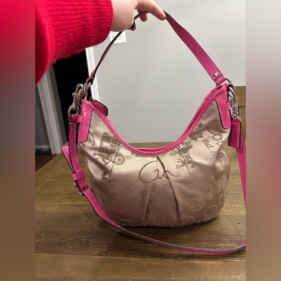 Coach Handbags - Coach Horse and Carriage Signature Sateen Jacquard Hobo Bag w/ Pink Trim
